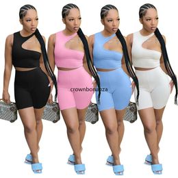 2024 Designer Summer Tracksuits Women Outfits Two Piece Sets Sleeveless hollow out Tank Top and Shorts Sweatsuits Fitness Sportswear Bulk Wholesale Clothes