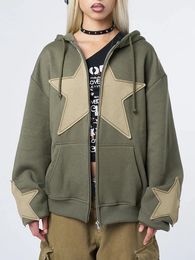 Womens Y2k Zip Up Hoodies Star Print Long Sleeve Graphic Hooded Jacket Aesthetic Oversized Coat Harajuku Streetwear 240219