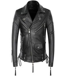 Motorcycle Leather Jacket Mens Genuine Cowhide Coat Punk Rock Costume Zippers Lace Up Slim Short4542510