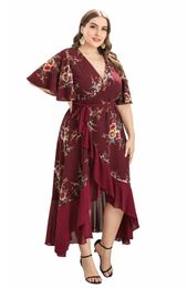 Plus Size Floral Print Maxi Long Bohemian Wrap Dresses For Women 240228