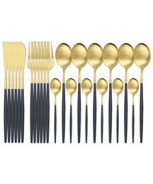 24Pcs Matte Black Gold Cutlery Set 304 Stainless Steel Dinnerware Set Knife Fork Spoon Silverware Set Kitchen Flatware Z12023622664