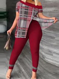 Plus Size Casual Outfits Two Piece Set Womens Colorblock Letter Print One Shoulder Split Hem Medium Stretch Top Legging 240220