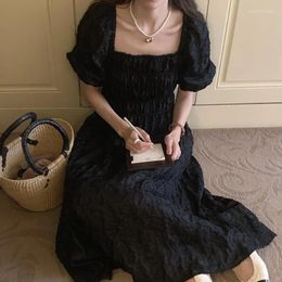 Party Dresses Women's Summer Vintage Folds Long Black Dress Jacquard Fabric High Waist A-line Sundress French Style