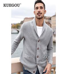 KUEGOU 100 Cotton Autumn Clothing Shawl collar Mans Sweater Vintage Style Coat Streetwear Fashion Knitted Men Outwear 8942 2105247376783