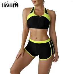 Women's Swimwear Swimsuit Two Pieces Gymnastic Swimming Suit Sleeveless Front Zipper Sport Bra Crop Vest Tank Top Shorts Set Tracksuit