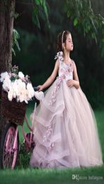 Blush Pink Princess Little Girls Pageant Dresses Spaghetti Straps Tiered Ruffles 3D Floral Appliques Beaded Kids Birthday Party Go6457555