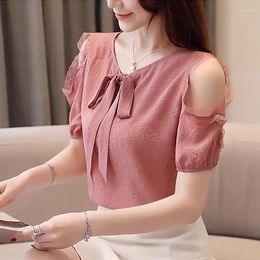 Women's Blouses Short Sleeve Bow Off Shoulder Splicing Lace Blouse Up Plus Size Loose Female Clothing Sweet Commute Shirt Summer Tops D71