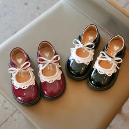 Girls Princess Shoes Wine Red Black Ruffles Elegant Patent Leather Bowknot Children Flat Shoes 21-35 Toddler Kids Single Shoe 240219