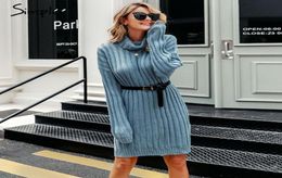 Simplee Elegant knitted dress women Autumn turtle neck female white sweater dress Sexy holiday solid ladies winter teal vestidos2840817