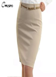 CWLSP Summer High Waisted Skirt Womens OL Formal Work wear Ladies Midi Skinny pencil Skirts with Belt Plus Size S3XL 2103157962160