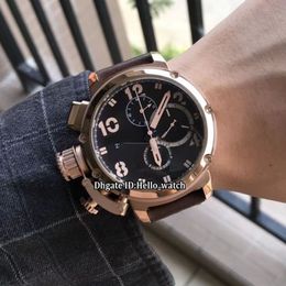 Cheap Left Handed 50mm U-51 U51 Chimaera Bronze 7474 Black Dial Quartz Chronograph Mens Watch Rose Gold Case Leather Strap Stopwatc2642