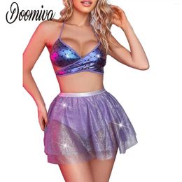 Work Dresses Women Metallic Shiny Outfit Underwear Sexy Bunny Uniform Lingerie Set Push Up Halter Bra And Mini Skirt Bikini Swimwear