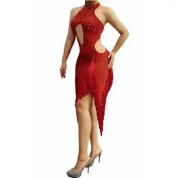 Stage Wear Women Birthday Perspective Dress Evening Party Halter Red Tassel Dresses Sexy Dacne Costumes Diamonds Club DJ