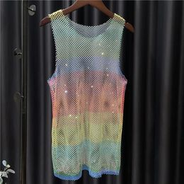 Women Men Neon Crystal Colorful Rhinestones Shiny Sexy Y2K RainbowTank Tops Party Club Sexy See Mesh Hollow Out 65cm long 240229