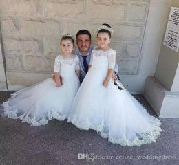 White Ivory Ball Gown Long Sleeves Flowers Girls Dresses for Weddings Lace First Communion Dress Pageant Dresses with Bow9413496