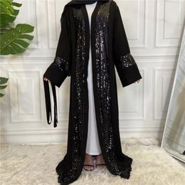 Ethnic Clothing Fashion Black Open Abaya 2024 Ramadan Eid Sequins Muslim Women Maxi Dress Jalabiya Belted Kimono Kaftan Dubai Caftan Gown