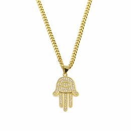 Pendant Necklaces Gold Silver Fatima Hamsa Hand Bling CZ Iced Out Charm Cuban Chain For Women Mens Hip Hop Jewelry234J