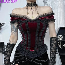 Goth Sexy Lace Trim Off Shoulder Corset Tank Tops for Women Y2K Vintage Aesthetic Black Red Velvet Backless Crop Tops Camisole 240229