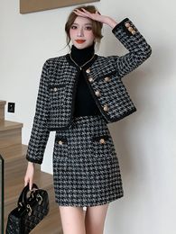 Women Tweed Two Piece Set Fashion Vintage Single Breasted Slim Woolen Jacket Coat Mini Skirt Suits Fall Winter Ladies Office 240226