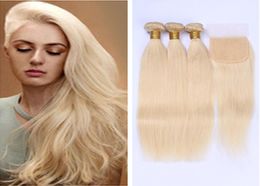 613 Blonde Virgin Hair 3Pcs Bundles with Clsoure Brazilian Virgin Straight Human Hair Weave Cheap Blonde Brazilian Hair Weave Bund9036485