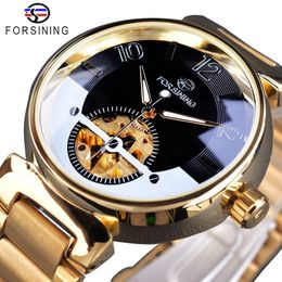 Forsining 2017 Mysterious Creative Design Golden Stainless Steel Mens Watch Top Brand Luxury Automatic Skeleton Wristwatch Clock296Y