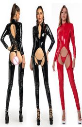 Catsuit Costumes Women Sexy Faux Leather Open Crotch Jumpsuit Bodycon Catsuit Zipper PVC Latex Stretch Bodysuit Erotic Fetish Ling7415775