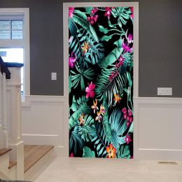 Stickers Tropical Flowers Door Sticker Palm Leaf Flower Door Decals Self Adhesive Wallpaper Watercolor Floral Poster Mural Bedroom Decor