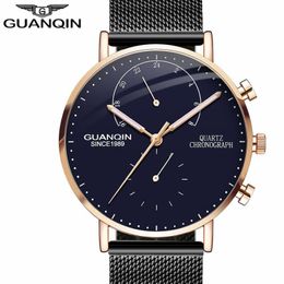 New GUANQIN Mens Watches Top Brand Luxury Chronograph Luminous Hands Clock Men Business Casual Creative Mesh Strap Quartz Watch284b