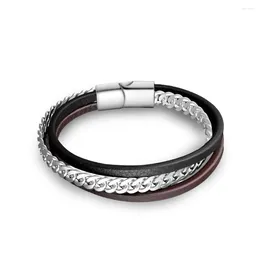 Link Bracelets European Creative Jewelry National Style Personality Stainless Steel Chain 3 Layer Woven Leather Wrap Magnetic Buckle