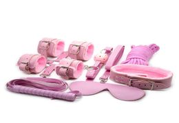 Bondage set 8pcs for foreplay sex games pink plush handcuffs blindfold cross handcuffs ankle cuff collar leather whip ball gag 5cm7665899