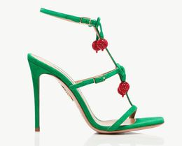 New Famous AQUAZZURA Cha Crystal high-heeled Sandals green Party Women High Heel Dress Shoes stiletto heels mules Diamond ball embellished metal Sheepskin open toe