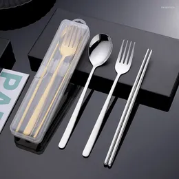Dinnerware Sets Korean Ins Portable Cutlery Three-piece 304 Stainless Steel Chopsticks Fork Spoon Travel Set