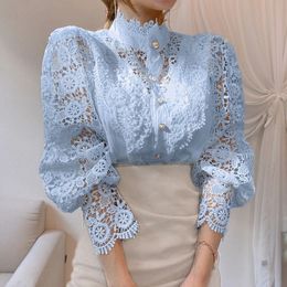 Womens Elegant Embroidery Lace Blouses Flower Petal Sleeve Hollow Out Stand Collar Tunic Spring Solid White Shirt Top For Women 240229