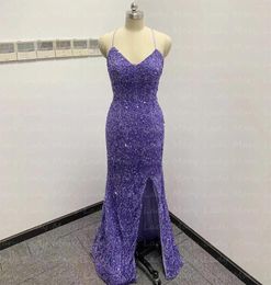 Party Dresses In Stock US 2 Lavender Sequins Homecoming Long Formal Prom Gowns Backless Criss Cross Split Girl School Maxi
