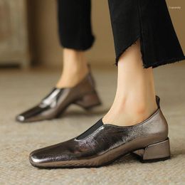 Dress Shoes Soft Sheep Leather Square Toe Slip-on Concise Mature Med Heels Spring Autumn Working Party Comfortable Women Pumps