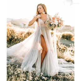 Vestidos casuais vestido de mujer bonito ver através de tule longo robe mulheres para casamento poshoot praia verão com trem