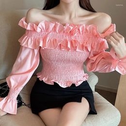 Women's Blouses Temperament Arrivals Design Spring Summer Clothing Solid Colour Sense Sweet Lotus Leaf Off-Shoulder Wooden E