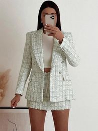 Suits For Women Office Elegant Checked Tweed Shorts Sets Double Breasted Blazer And Frayed Hem High Waist Skort 2 Piece Set 240226