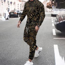 Men's Tracksuits Tiger 3D Printed Set Long Sleeve T-Shirt Trousers 2 Piece Casual Hip Hop Oversized Streetwear Men Sports Suit