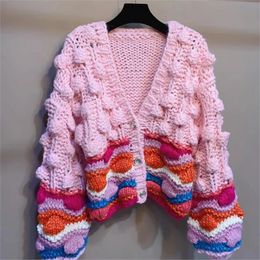 Womens Cardigan Sweater Rainbow Color Lazy V-Neck Thick Stick Needle Hand-Woven Three-Dimensional Hook Flower Knit Cardigan 240219