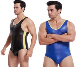 Black Blue Men Bodysuit Underwear Striped Fashion Wrestling Singlet Bodysuit Mens Leather Swimwear Male Body Shaper Jumpsuit SML3965662