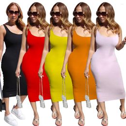 Casual Dresses Solid Women Midi 2024 Summer Low Neck Skinny Dress Back Hollow Out Stacked Workout Streetwear Festival Vestidos