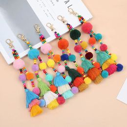 Keychains Cute Hair Ball Tassel Keychain Colourful Pompom Key Chain For Women Bag Pendant Hanging Wooden Bead Keyring Jewellery Accessories