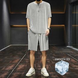 5XL Large Mens Sports Suit Korean High Street Fashion Tshirt Shorts ice silk Summer Set Men Retro Neck Clothes 240227