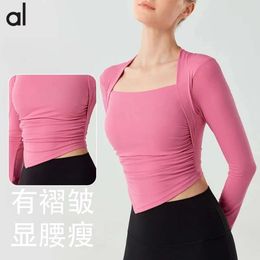 Lu Align Womens T-Shirt Outfit AL New Yoga Long Sleeved Women Fixed Cup Pleated Slim Fit Sports T-shirt Fake Two Piece Running Fitness Top Jogger Gry Lu-08 2024