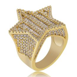 18K Gold & White Gold Mens Luxury Bling Cubic Zirconia Pentagram Hip Hop Ring Band Full Diamond Iced Out Rapper Jewellery Gifts for 302p