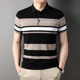 Mens Polo Shirts Korea Man Golf Shirts Summer Striped Print Button Clothing Business Style Male Streetwear Short Sleeve T-Shirt 240226