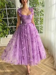 2024 Elegant Butterfly Lace Applique Tulle Prom Dresses for Women Spaghetti Straps Tea Length Formal Evening Party Gowns Slit 240227