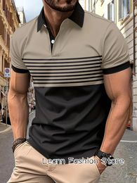 Summer Men Vintage Polo Shirt Striped Color Block Clothing Male Casual Short Sleeve Tops Tees Fashion Zipper Lapel Camiseta 240228