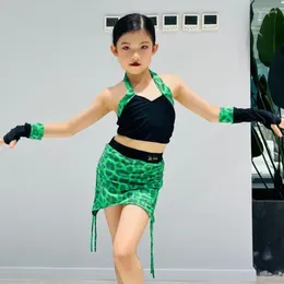 Stage Wear Girls Latin Dance Performance Costume Black Halter Top Green Leoaprd Skirt Kids Performane Dancing Clothing SL9823